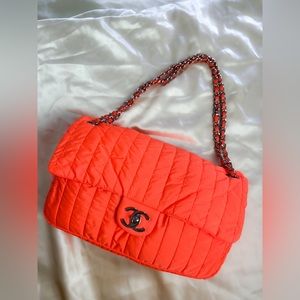 SOLD 🩷 Chanel Classic Flap Soft Shell Vertical Quilted Jumbo Orange Nylon Bag